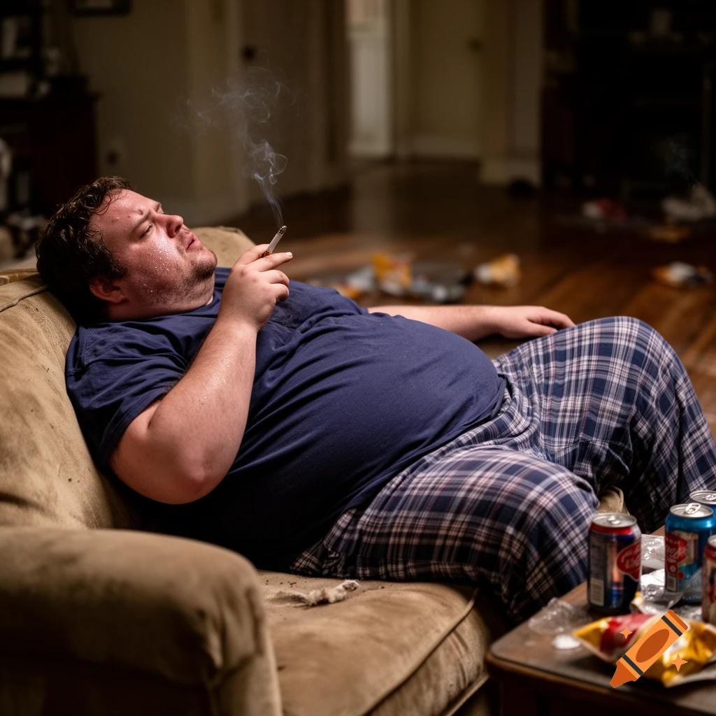 Overweight man lies on a dirty couch, smoking a cigarette in a messy room with soda cans and snack bags. Photorealistic.