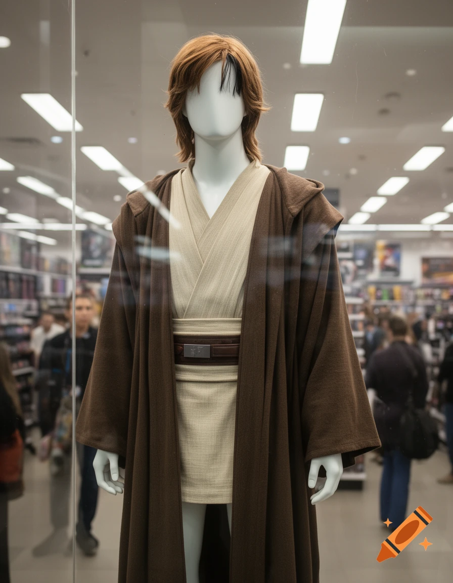 A mannequin with a blank face and reddish-brown wig wears a brown Jedi robe and light-colored tunic in a retail store.