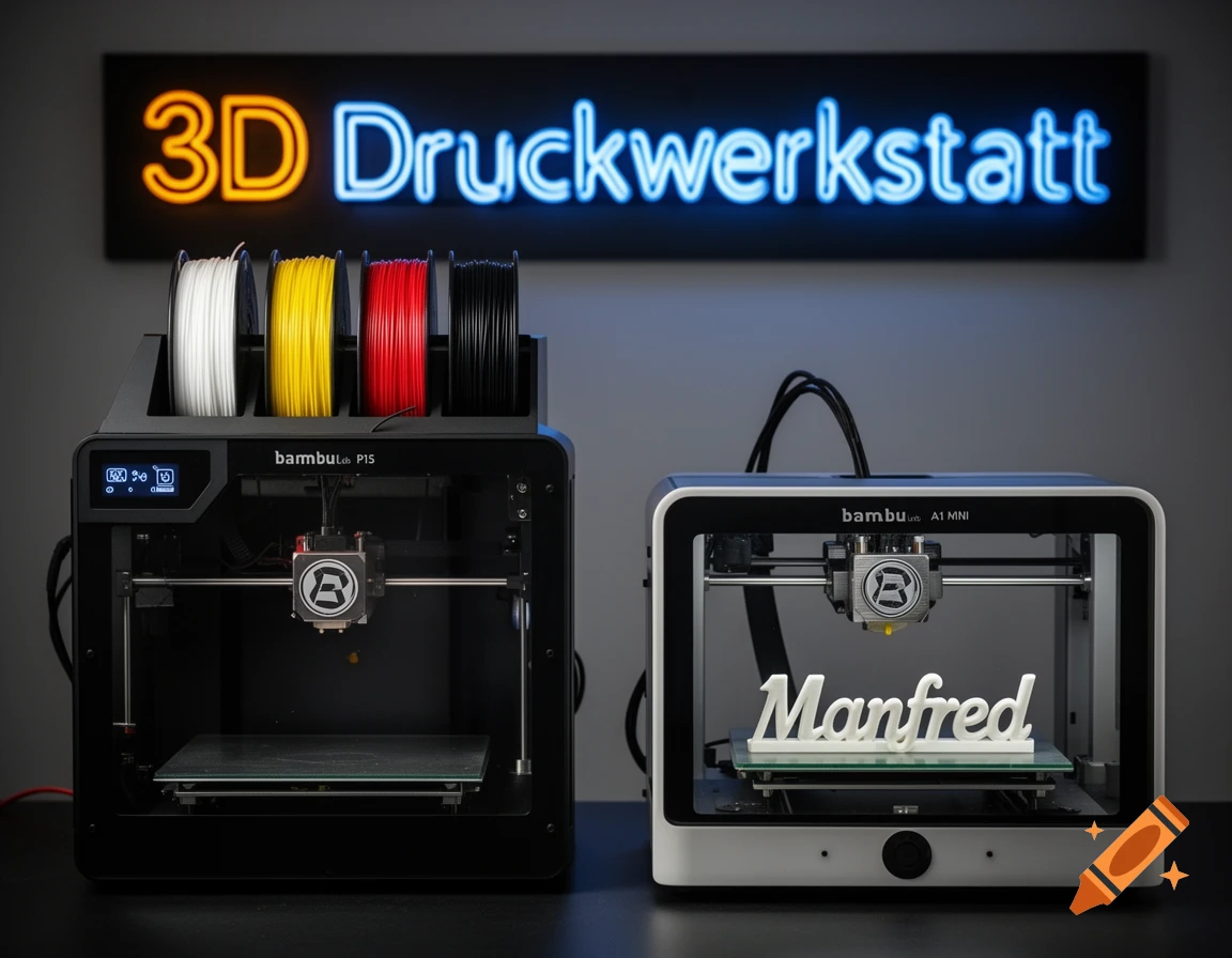 Two Bambu Lab 3D printers with colorful filament and a 'Manfred' name tag, beneath a glowing '3D Druckwerkstatt' neon sign.