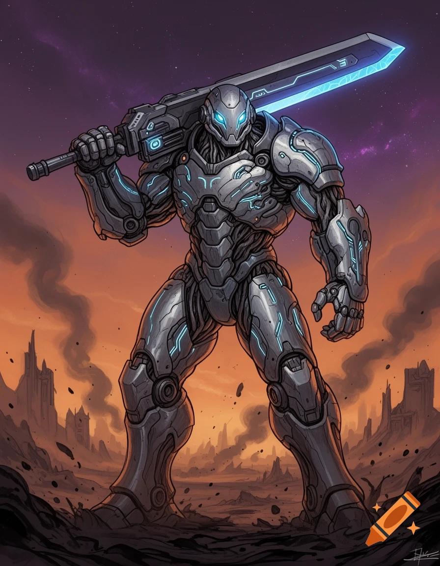 A heavily armored bio-mechanical space knight with a glowing blue energy sword over its shoulder stands in a desolate, futuristic landscape under a starry sky. Comic art style.