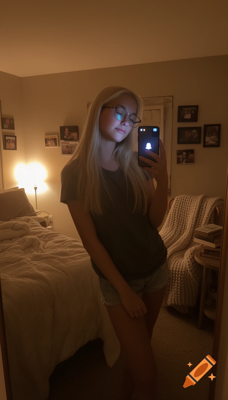 A blonde girl in glasses takes a mirror selfie with her phone displaying the Snapchat logo in a warmly lit bedroom.