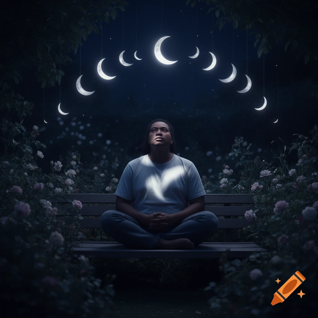 A person sits cross-legged on a bench in a dark, rose-filled garden, gazing up at a crescent moon phase floating above.