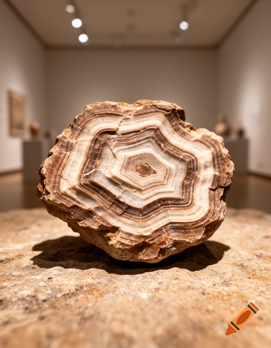 A close-up, photorealistic shot of a brown and white banded geological specimen on a rough surface in a museum.