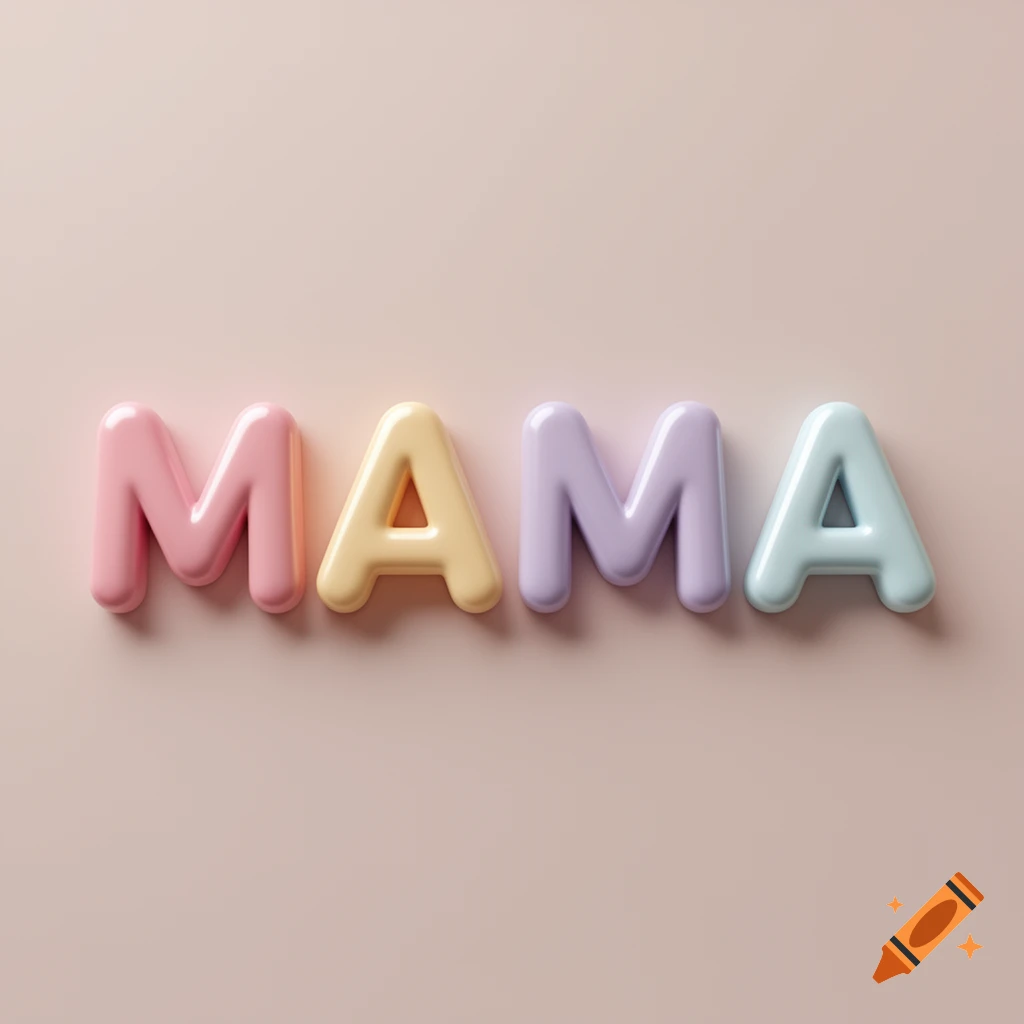 Pink, yellow, purple, and blue 3D bubble letters spelling MAMA on a light pink surface.