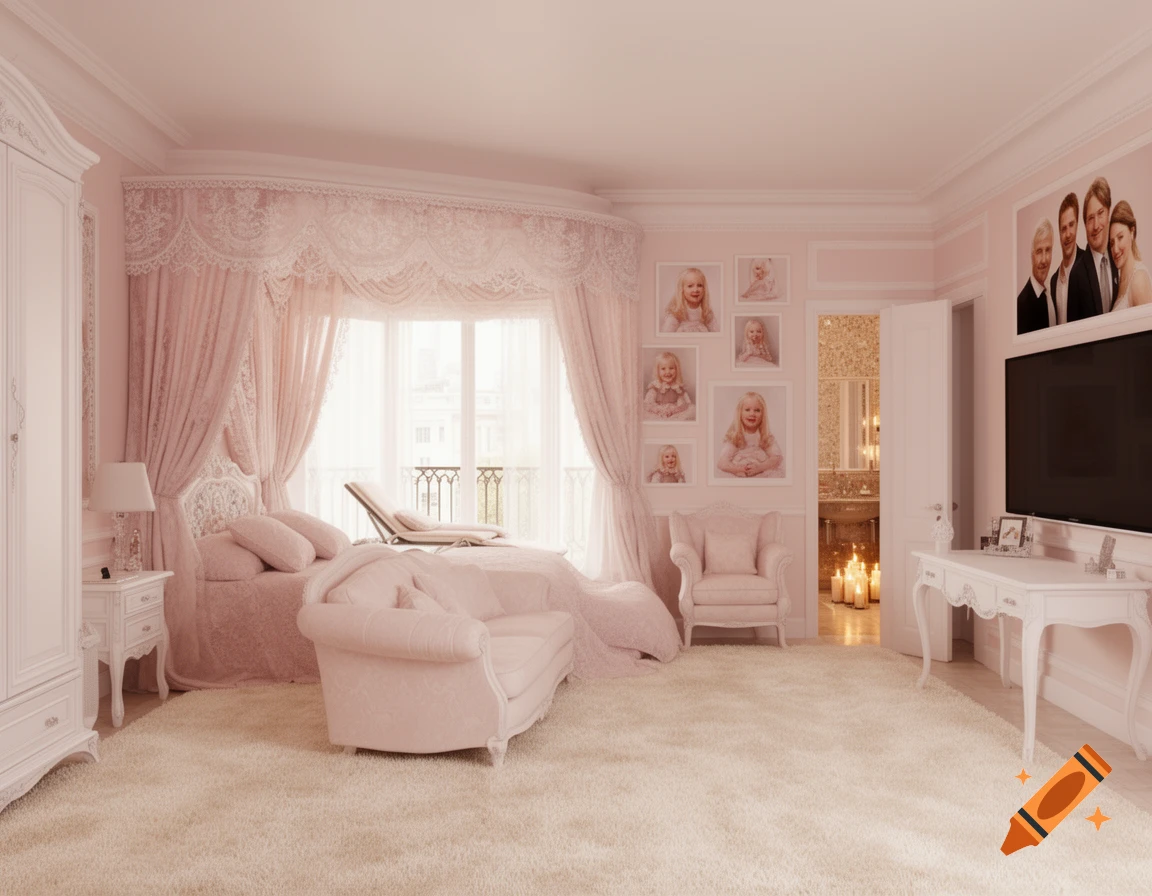 Luxurious pastel pink and white bedroom with a large bed, sofa, TV, framed photos, and a glimpse of a bathroom and balcony.