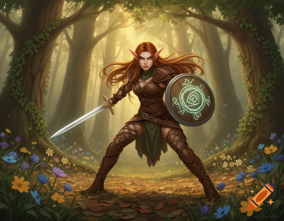 A fierce female wood elf fighter with long red hair, brown leather armor, a sword, and a shield stands in an enchanted forest.