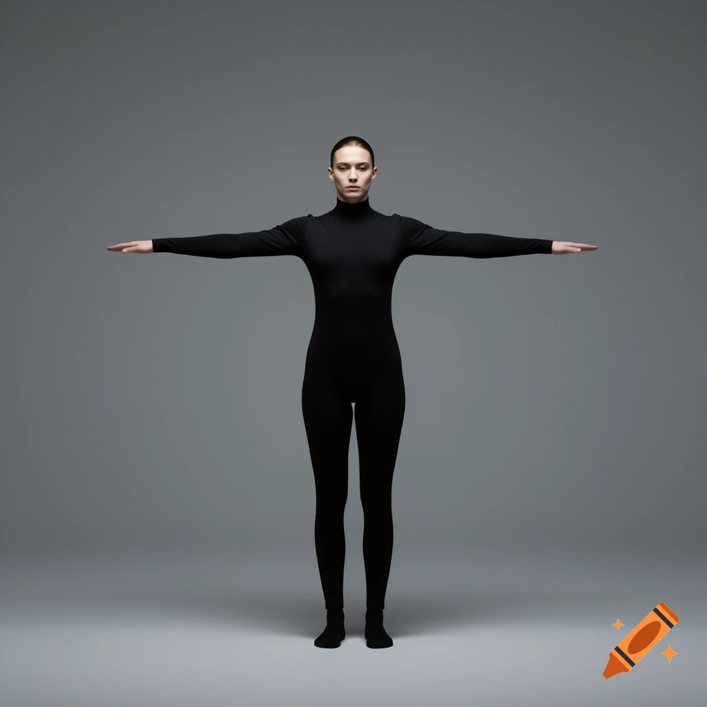 A woman in a black, form-fitting bodysuit stands in a T-pose against a plain grey background.