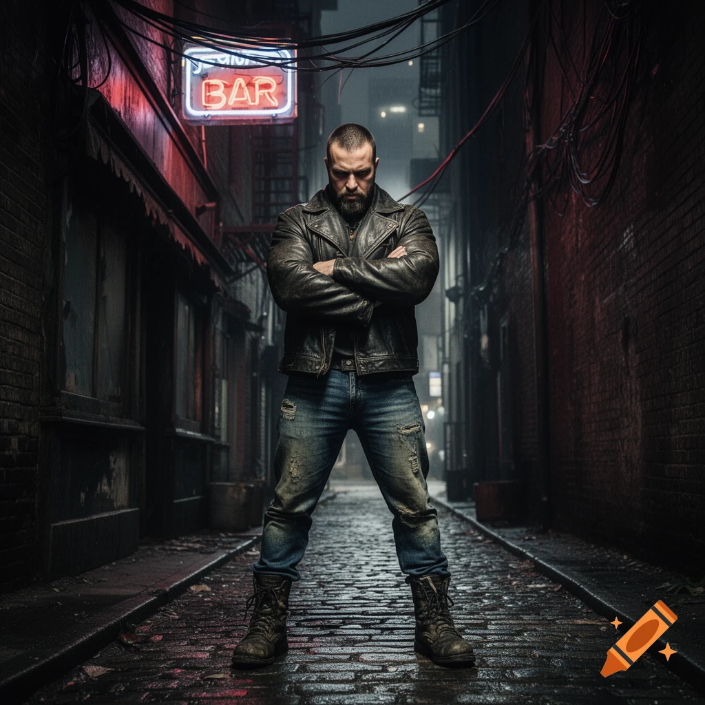 Stern, bearded man in a leather jacket stands arms crossed in a dark, wet alley under a glowing neon BAR sign. Photorealistic.