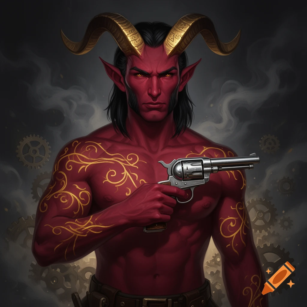 A bare-chested, muscular red-skinned male demon-like figure with black hair, gold-capped horns, and gold body tattoos holds a silver revolver to his chest. Gears and smoke are in the dark background.