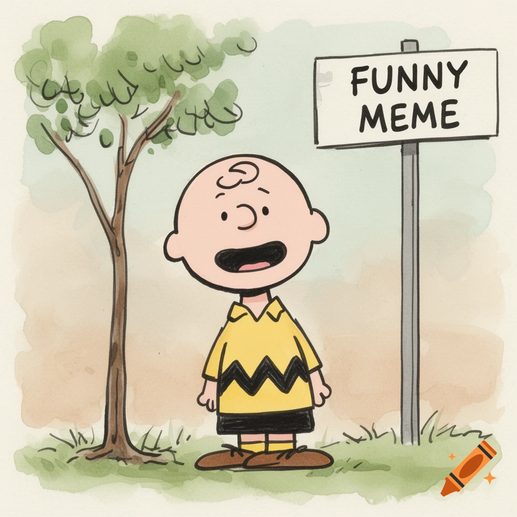 Classic cartoon Charlie Brown smiles next to a tree and a sign reading 'FUNNY MEME' in a watercolor style.