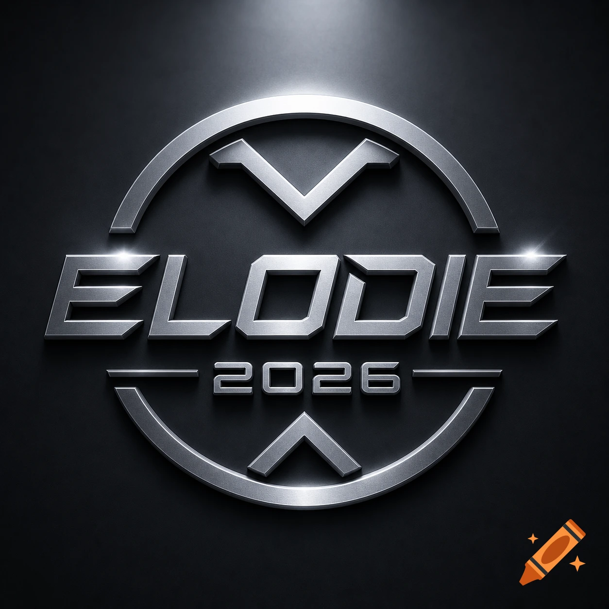 A futuristic metallic silver logo with the text "ELODIE" above "2026", set within a circular emblem with angular shapes.