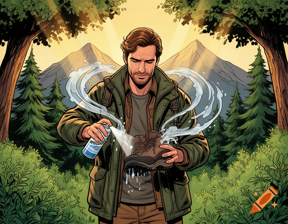 Comic drawing of a man waterproofing a hiking boot with a spray can in a forest at sunset, mountains in background.