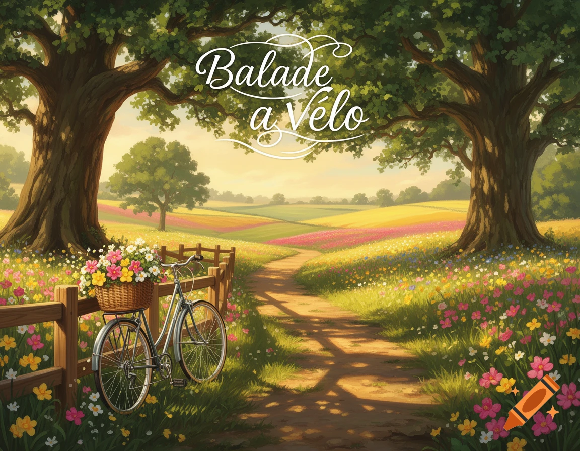 Illustrative landscape of a path winding through a sunny, flower-filled field, with a bicycle holding a basket of flowers leaning against a wooden fence under two large trees. Text reads 'Balade a Vélo'.