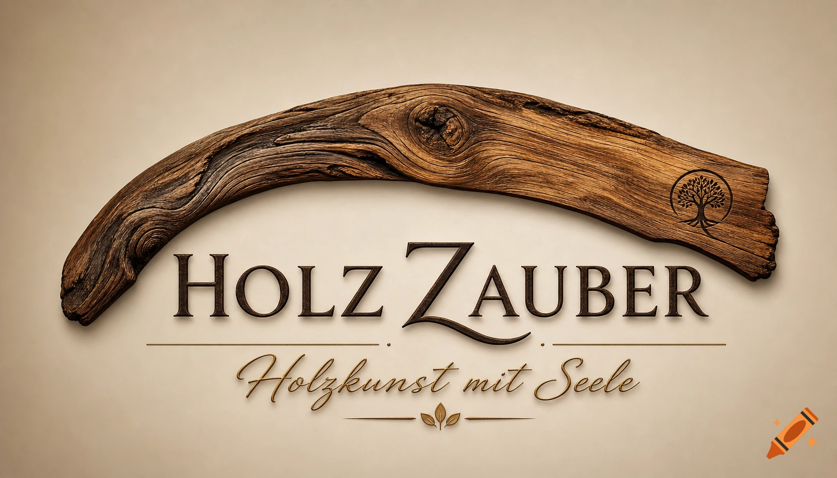 A company logo featuring a curved wooden plank with a tree emblem, text "HOLZ ZAUBER" and "Holzkunst mit Seele".