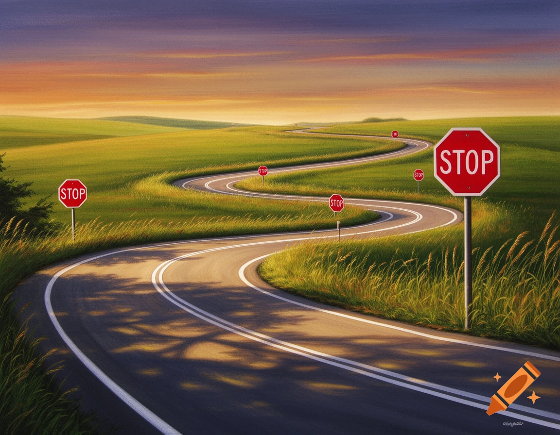 A winding road through green grassy hills at sunset, marked by several red stop signs along its path.