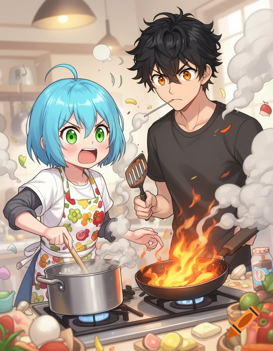 Two anime characters in a kitchen; a blue-haired girl stirs a pot while a black-haired boy holds a spatula over a flaming pan, looking surprised.
