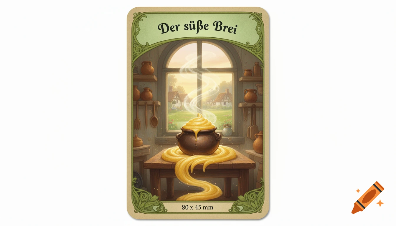 A fairy tale game card titled 'Der s r an overfwing, steaming pot of golden porridge in a rustic kitchen.