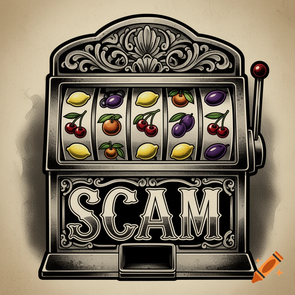 Old school flash art illustration of a vintage slot machine with fruit reels and the word SCAM on the front.