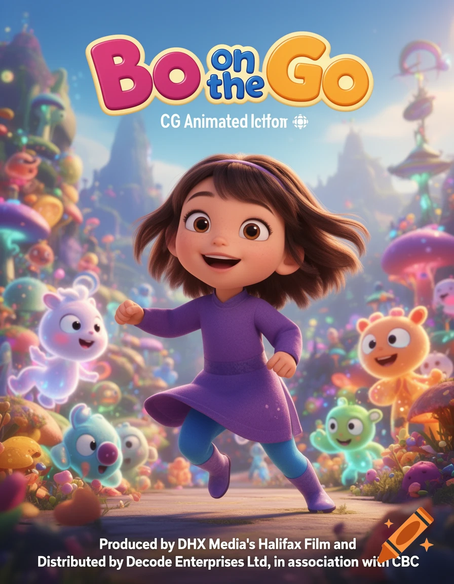 A cheerful cartoon girl in purple runs through a colorful, whimsical landscape with floating fantasy creatures, above a title card for 'Bo on the Go.'