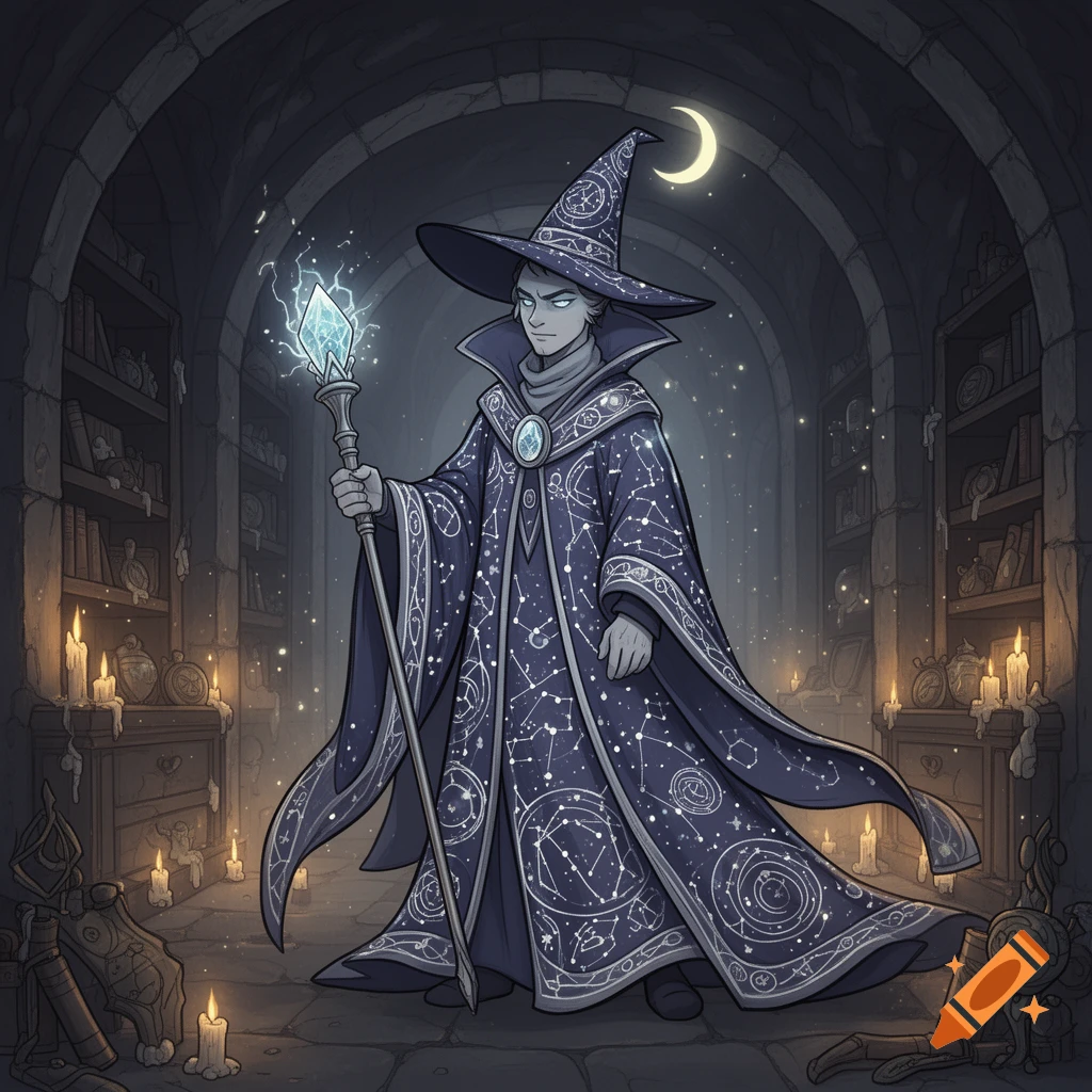An illustrated wizard in a starry robe and pointed hat, holding a glowing crystal staff, stands in a candlelit stone library with bookshelves.