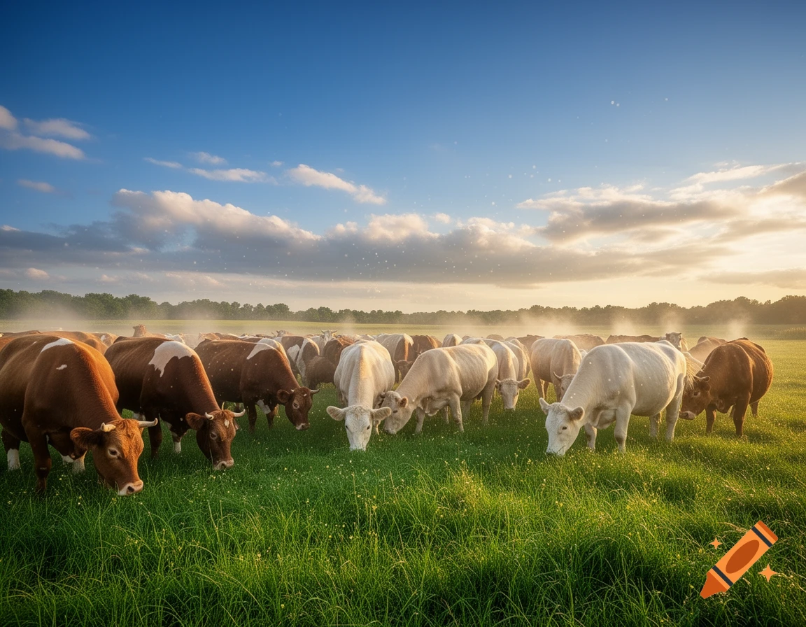 A herd of brown and white cattle grazes in a lush green pasture under a bright blue and gold sky.