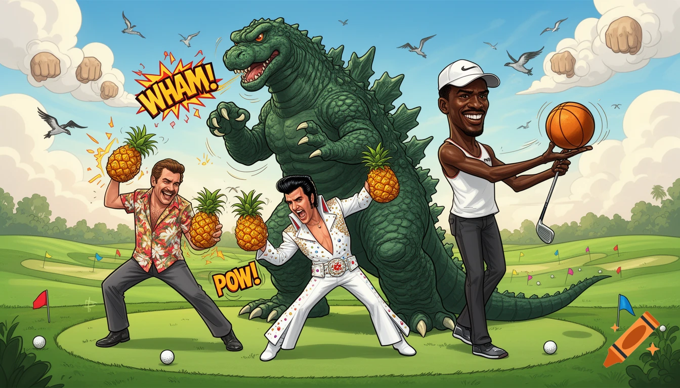 Cartoon of Magnum P.I. and Elvis throwing pineapples at a roaring Godzilla on a golf course, while a basketball player holds a ball and club.