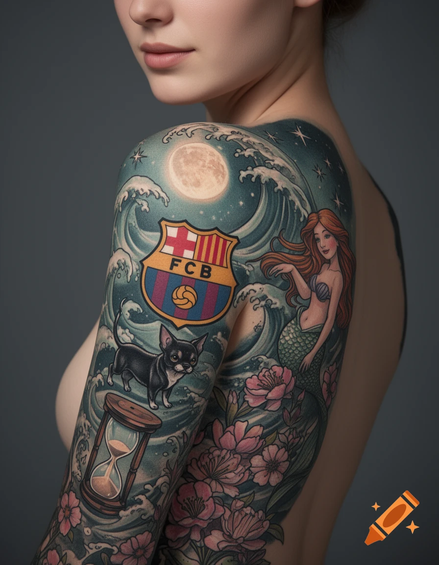 Woman's shoulder and arm covered in a vibrant tattoo with a FC Barcelona logo, mermaid, chihuahua, hourglass, waves, moon, and pink flowers.