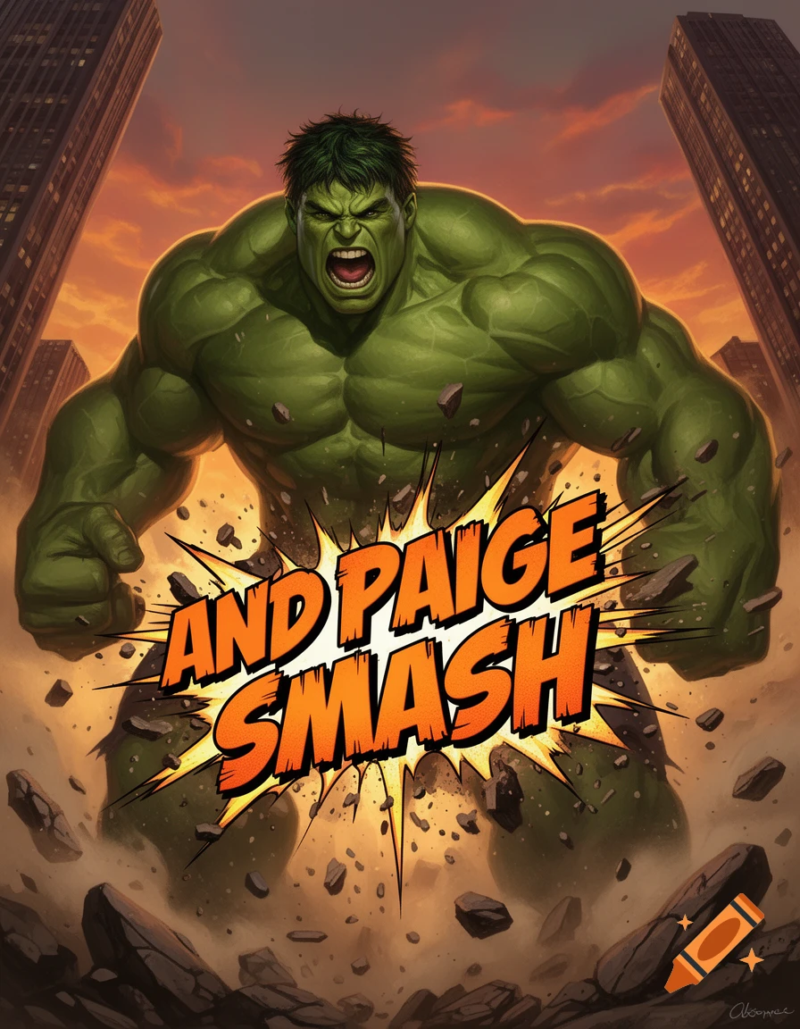 The Hulk stands enraged amidst rubble, yelling 'AND PAIGE SMASH' in a dynamic comic book style.