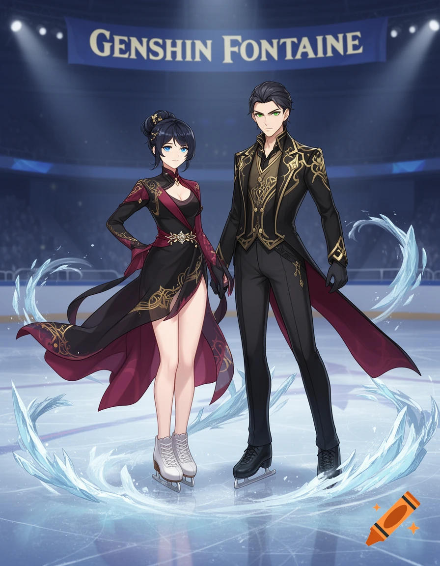 Anime couple in black, red, and gold ice skating outfits on an ice rink, with a 'Genshin Fontaine' banner.