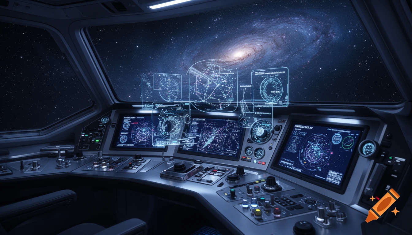 A photorealistic view from inside a futuristic spacecraft cockpit filled with glowing screens and holographic displays, looking out at a vibrant galaxy.