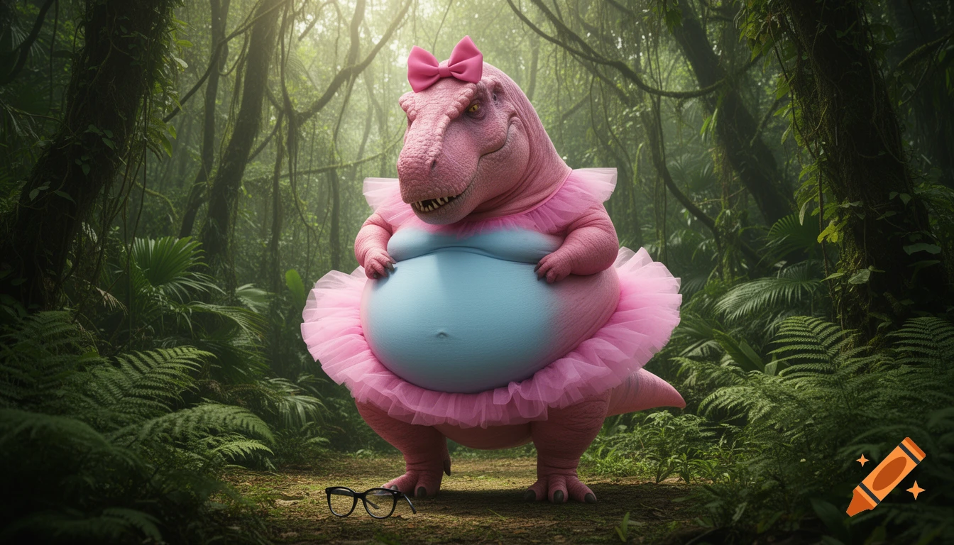 A morbidly obese pink T-Rex with a light blue belly, wearing a pink bow and tutu, stands in a lush jungle. Black glasses lie on the ground.