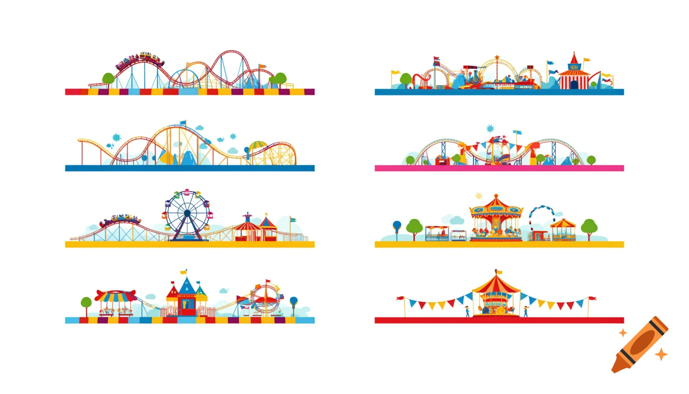 Six colorful illustrated amusement park scenes with roller coasters, ferris wheels, carousels, and tents, acting as divider lines.