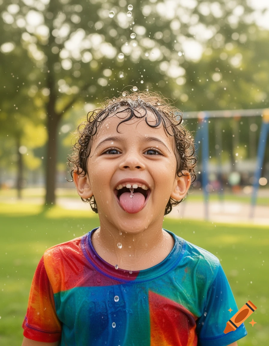 A smiling child with curly hair in a colorful shirt sticks out their tongue while playing in falling water outdoors.