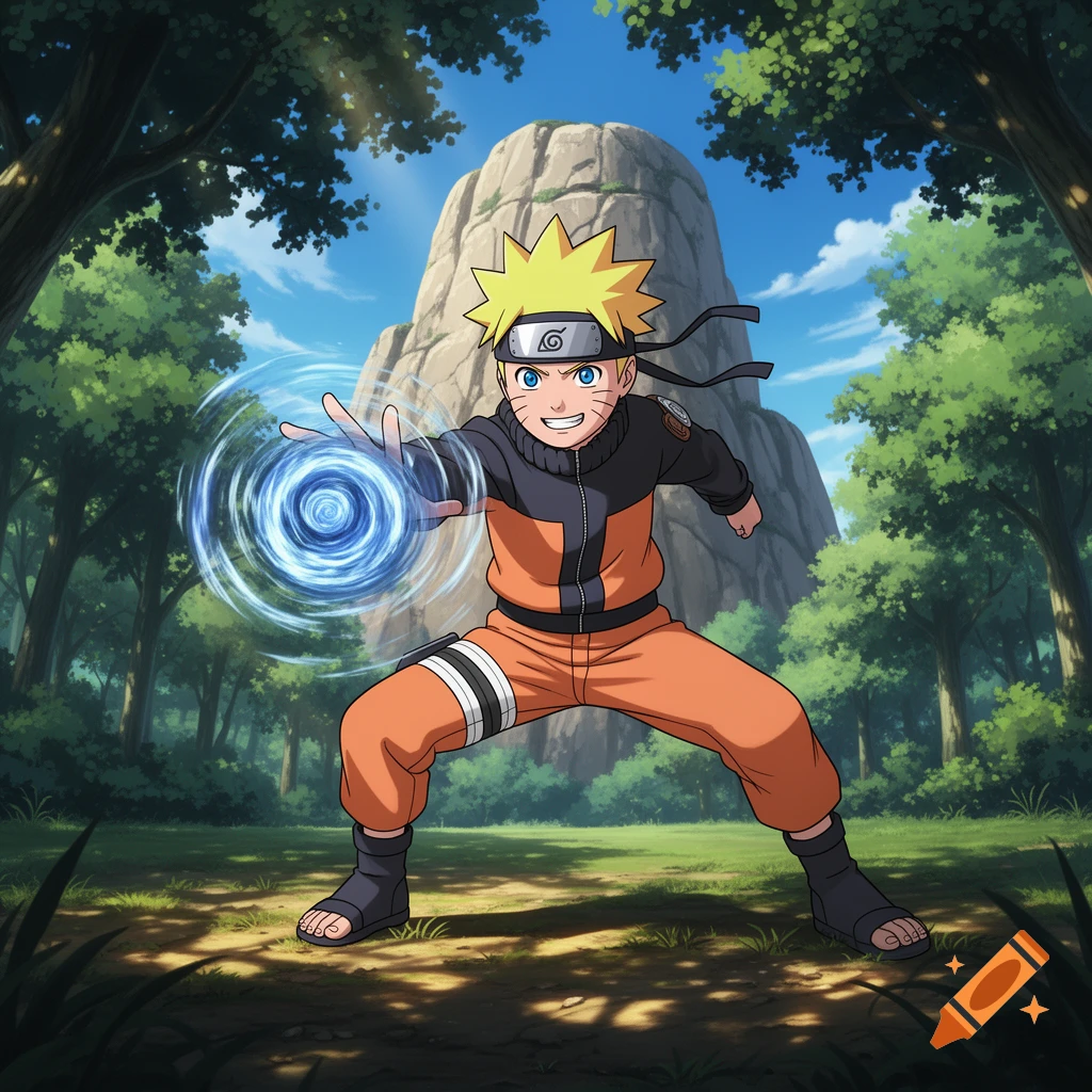 Anime style image of Naruto in a forest, his arm outstretched with blue swirling energy, a rocky mountain in the background.