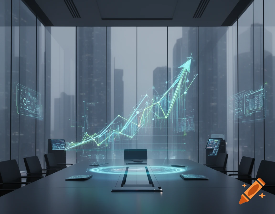 Futuristic conference room with a large glowing holographic graph showing an upward trend, smaller data displays, and a city skyline.