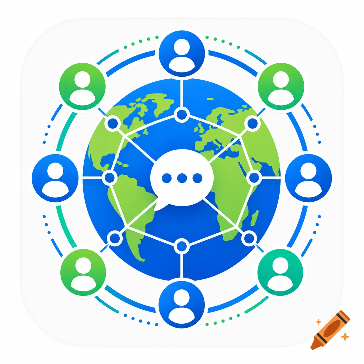 A flat design icon depicting a globe surrounded by connected green and blue user profile symbols, with a speech bubble.