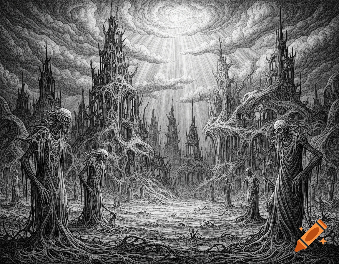 Black and white Zdzisław Beksiński style surreal landscape with skeletal figures and organic spires under a cloudy, light-streaked sky.