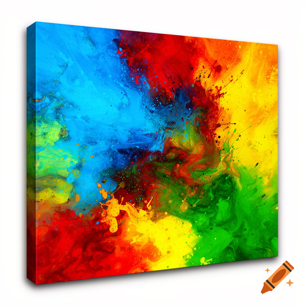 Vibrant abstract painting with swirling blue, red, yellow, and green colors, featuring paint splatters on a canvas.