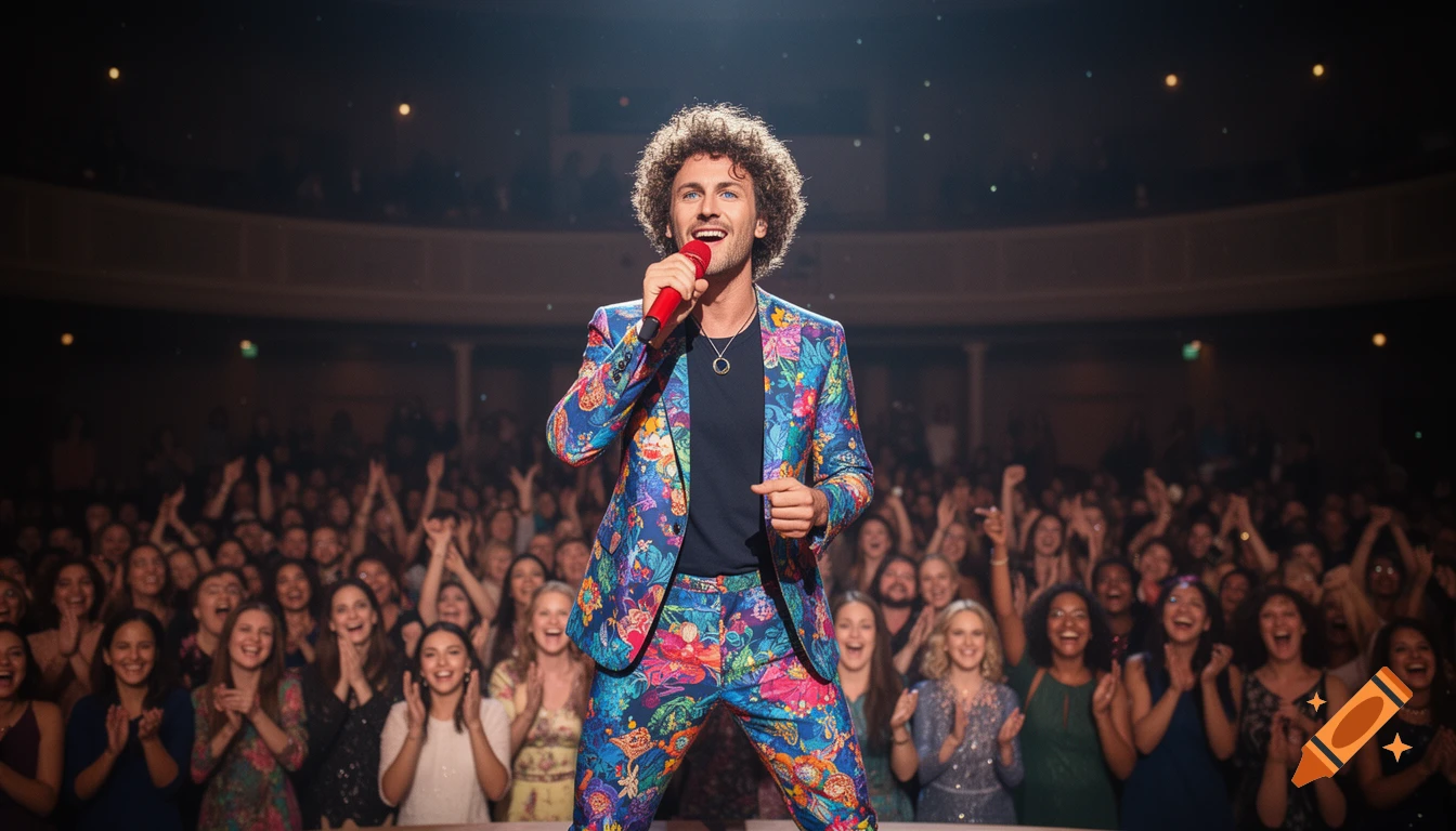 A smiling man with curly hair in a colorful floral suit sings into a red microphone on stage, with a cheering audience behind him.