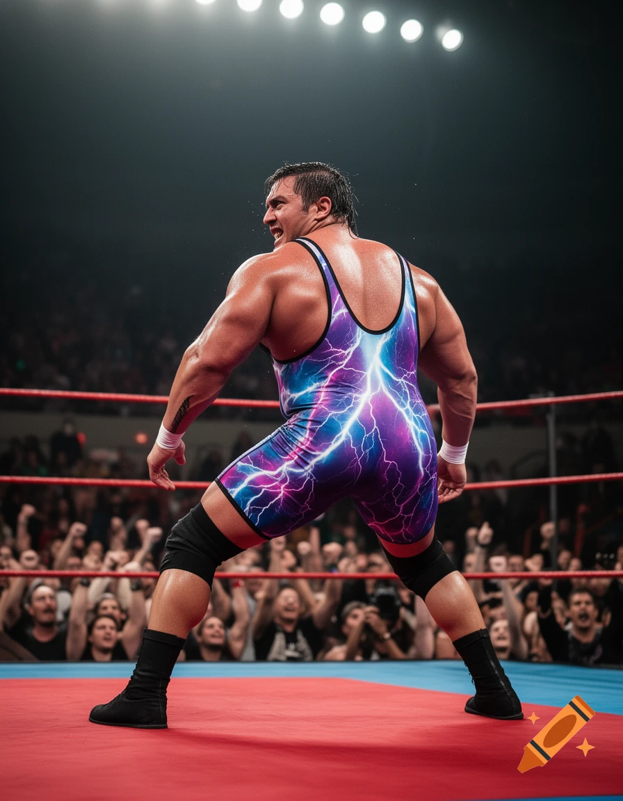 A muscular male wrestler in a purple and blue lightning-patterned singlet stands in a wrestling ring, facing away.
