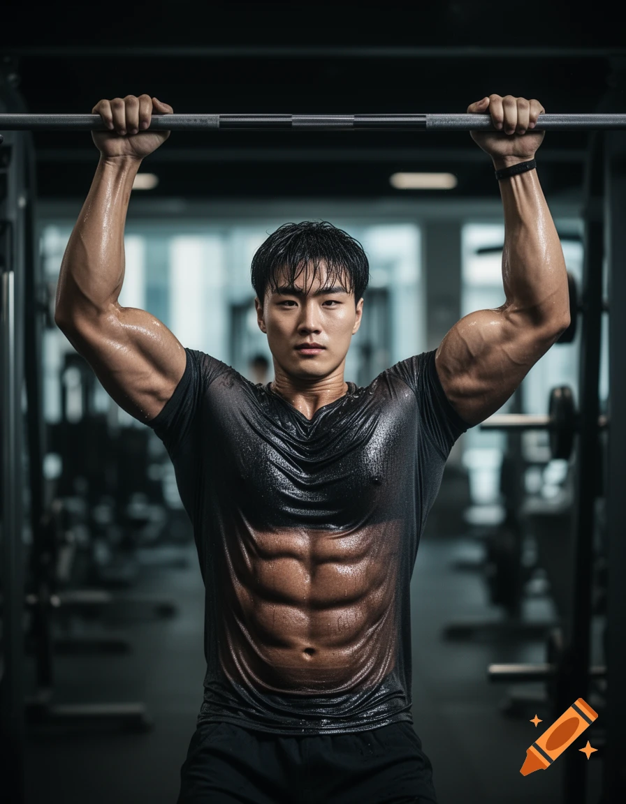 A muscular Korean man in a wet black t-shirt hangs from a pull-up bar, flexing his arms and abs in a gym.