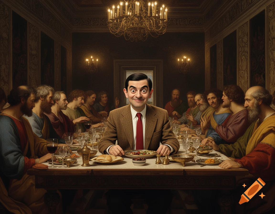 Mr. Bean, with a wide-eyed smile, sits at the center of a long table, parodying Da Vinci's Last Supper painting, surrounded by apostles in a dimly lit, grand hall.