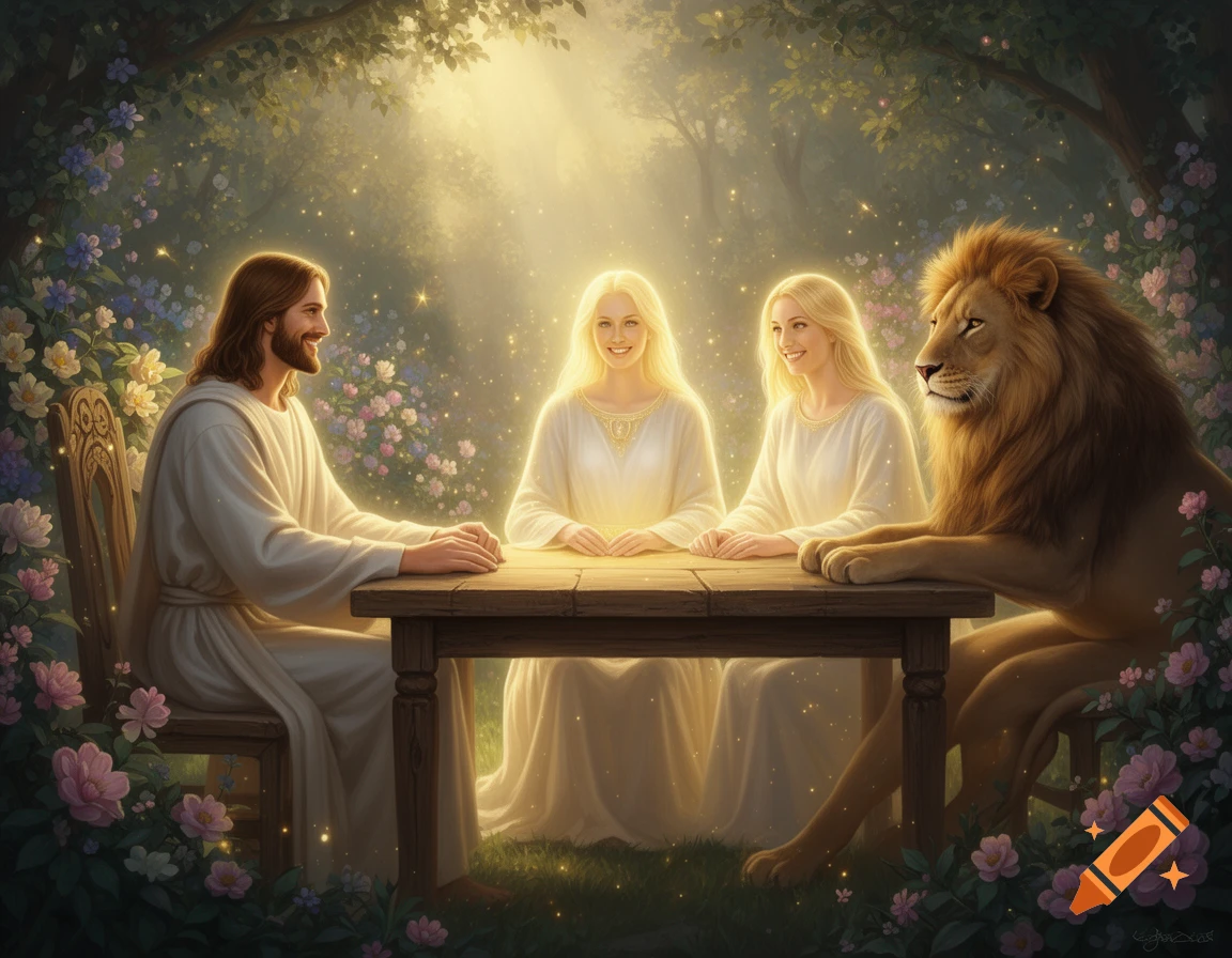 Jesus, two radiant women, and an anthropomorphic lion sit at a rustic table in a magical, flower-filled garden bathed in golden light.