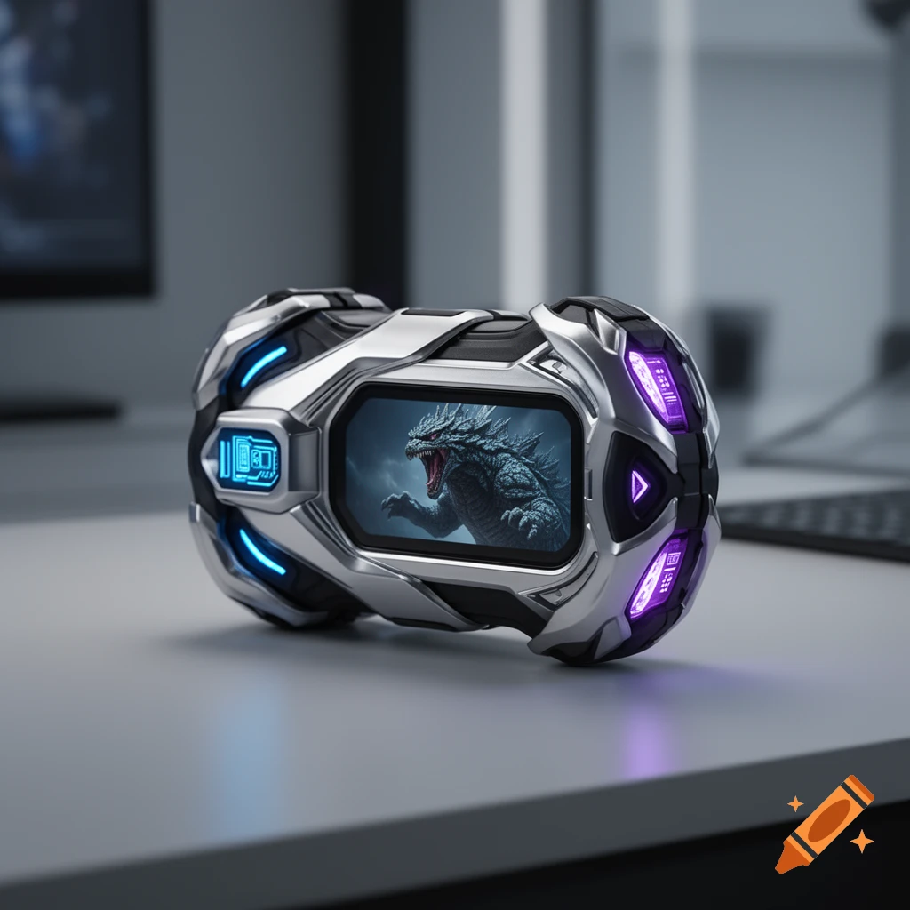 A futuristic silver and black gadget with blue and purple glowing lights, displaying a roaring dragon-like kaiju on its screen, on a white desk.