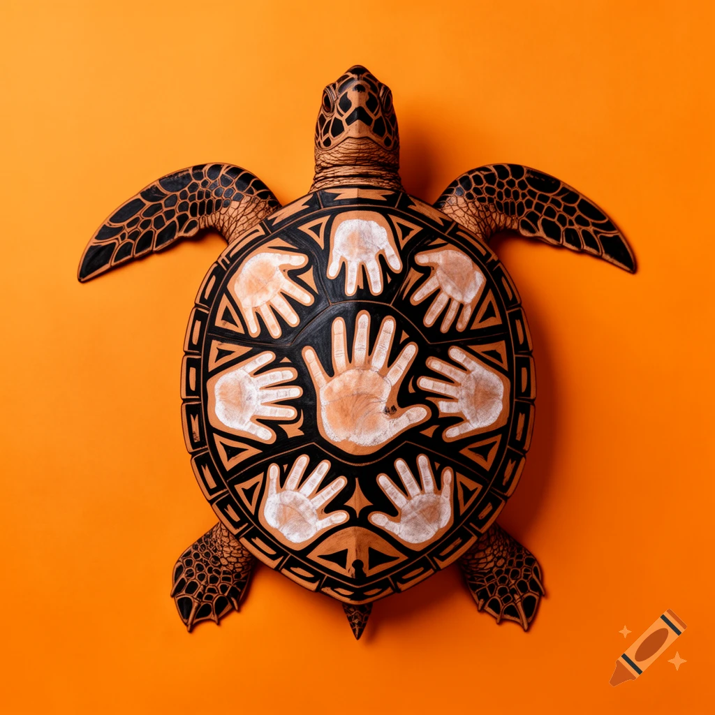 A top-down view of an indigenous-inspired black and brown turtle with white and orange child handprint patterns on its shell, against an orange background.