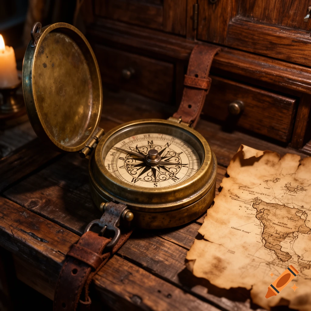 Antique brass compass on a dark wooden table next to an aged map, lit by candlelight, conveying a pirate theme.