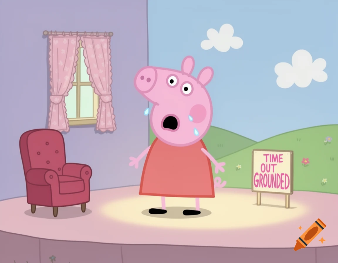 Peppa Pig cries on a stage next to a sign that reads 'TIME OUT GROUNDED', in a cartoon style.