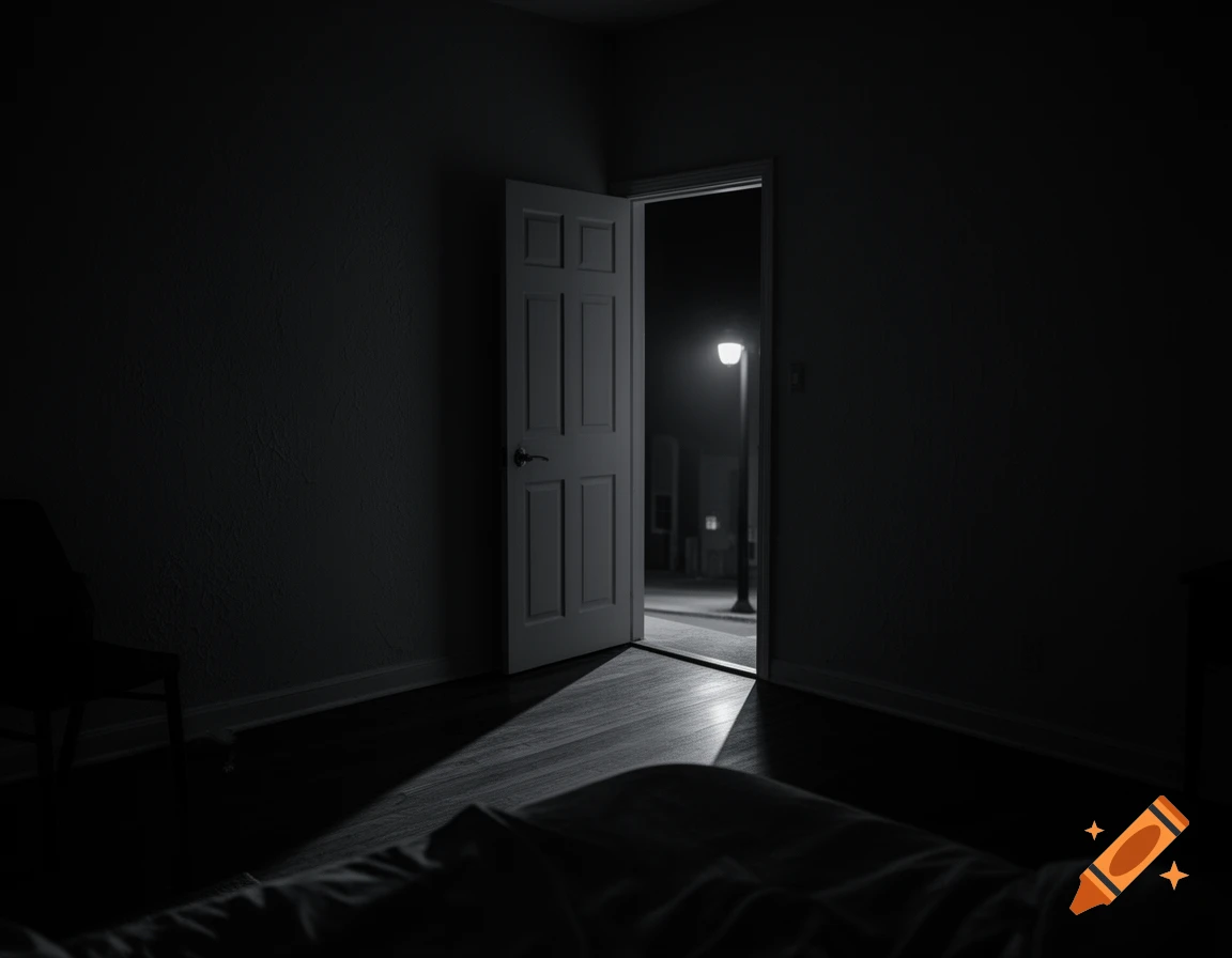 Dark bedroom at night, an open white door reveals a streetlamp and street outside, viewed from a bed.