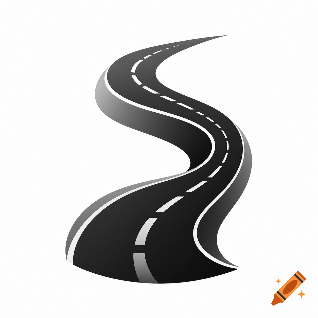 Stylized S-shaped winding road with dashed lines in monochrome on a white background.