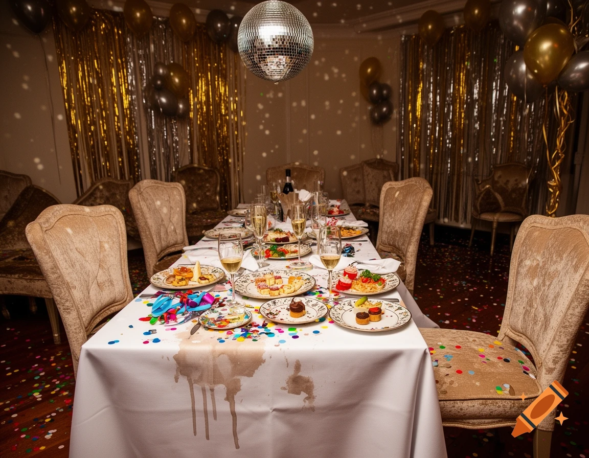A messy party table set with plates of food, champagne glasses, and spilled confetti, under a disco ball and gold and silver balloons.
